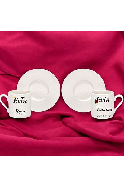 Nino Store Set of 2 Turkish Coffee Cups with Printed Valentine's Day Gift for Housewife and Housewife Married Couples