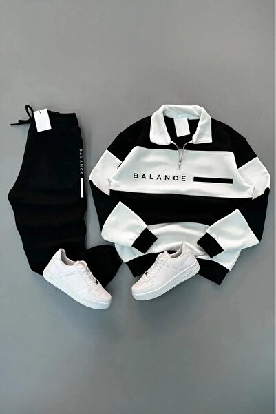 MARECASH SİYAH BEYAZ POLO YAKA  KALIN CİZGİLİ YARIM FERMUARLI BALANCE BASKILI EŞOFMAN TAKIMI 3 İPLİK