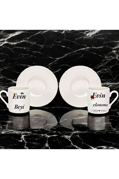 Nino Store Set of 2 Turkish Coffee Cups with Printed Valentine's Day Gift for Housewife and Housewife Married Couples