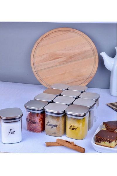 Kitchen Pembelia Set of 12 Metal Square Lids Labeled 250 ml Spice Rack Set Leak Proof Cover Spice Rack