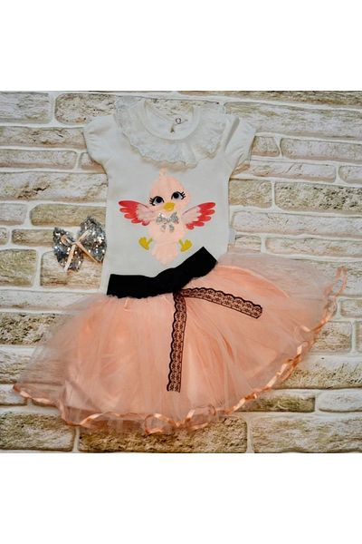 emosavm Bird Patterned 2-Piece T-Shirt and Tutu Skirt Set with Buckle Gift for Baby Girl - Powder