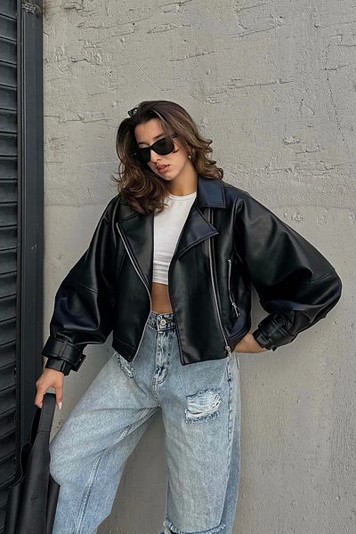 Eka Γυναικείο Μαύρο Δερμάτινο Μπουφάν Oversize 0991-9999