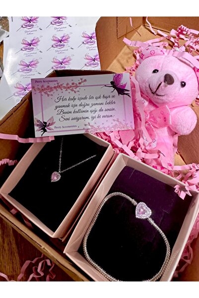 Perry Accesories pembe kalp kolye ,çelik bileklik ve ayıcık seti sevgililer g...