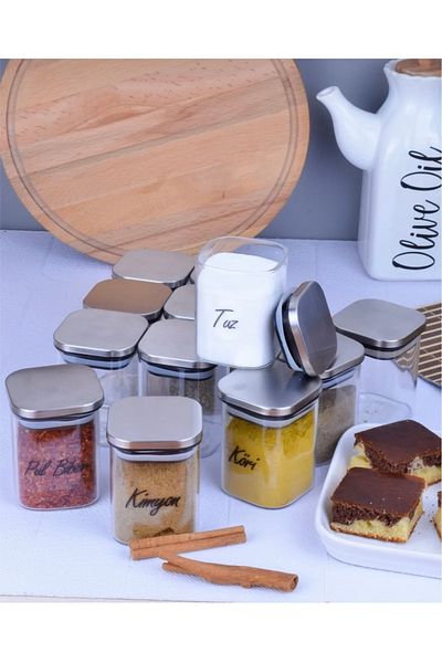 Kitchen Pembelia Set of 12 Metal Square Lids Labeled 250 ml Spice Rack Set Leak Proof Cover Spice Rack