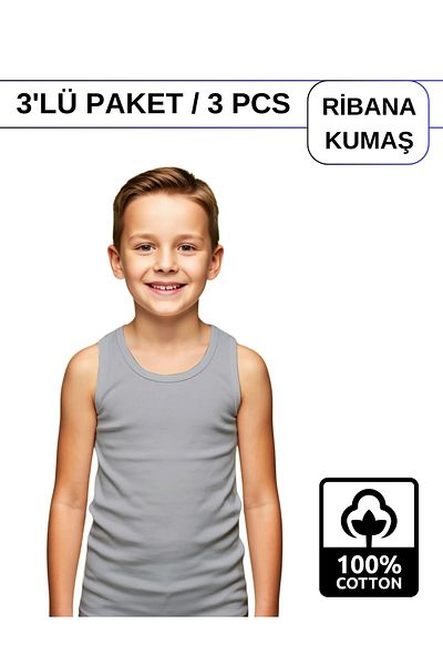 ALYA UNDERWEAR Boy's Cotton Ribbed Tank Top Oval Collar 3 Pack - 3 Pieces Gray Melange