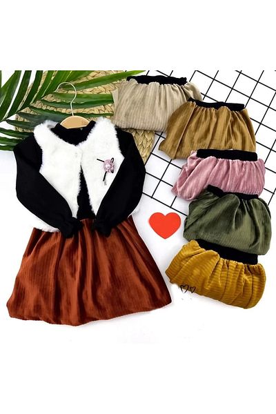 emosavm Long Sleeve Velvet Vest - Furry Black Sweat 3-Piece Baby Girl Set, Brown