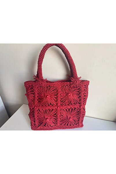 PETİSTANBUL Handmade, El Örgüsü Kırmızı Renk Kağıt Ip El Çantası