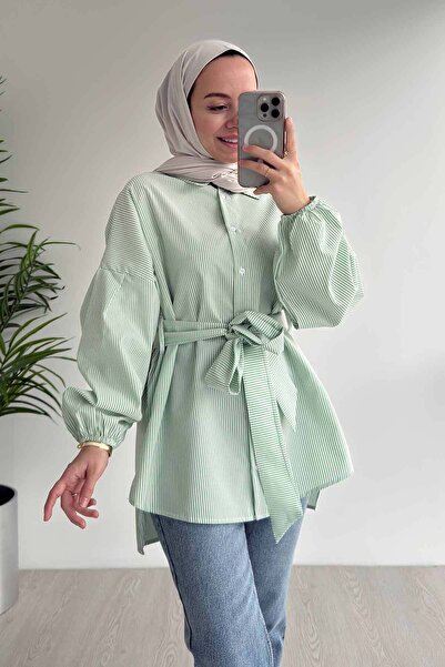 Ka Hijab Μπαλόνι μανίκι ριγέ πουκάμισο - Πράσινο