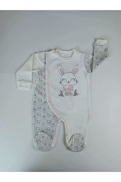 emosavm Ecru Little Rabbit Embroidered Baby Girl and Boy Jumpsuit - Neck Snap Closure