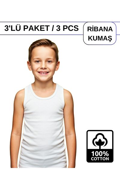 ALYA UNDERWEAR Boy's Cotton Ribbed Tank Top Oval Collar 3 Pack - 3 Pieces White
