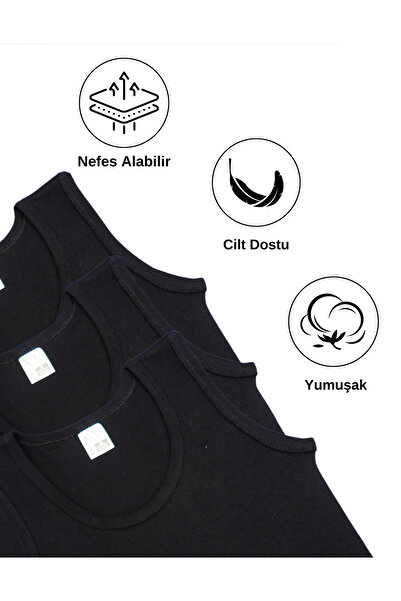 ALYA UNDERWEAR Boy's Cotton Ribbed Tank Top Oval Collar 3 Pack - 3 Pieces Black