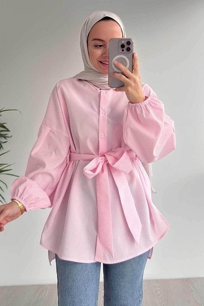 Ka Hijab Μπαλόνι μανίκι ριγέ πουκάμισο - Ροζ
