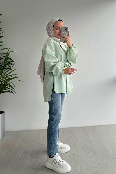 Ka Hijab Μπαλόνι μανίκι ριγέ πουκάμισο - Πράσινο