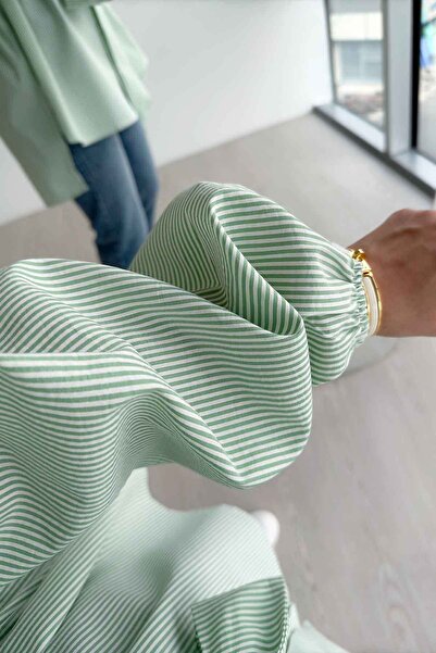 Ka Hijab Μπαλόνι μανίκι ριγέ πουκάμισο - Πράσινο