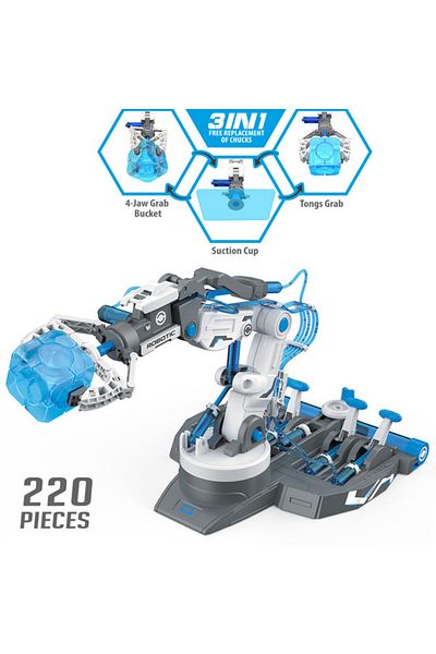 Little Story DIY Hydraulic Power Principle based 3-IN-1 Mechanical/Robotic Arm Toy (220 Pcs), STEM Series-Grey