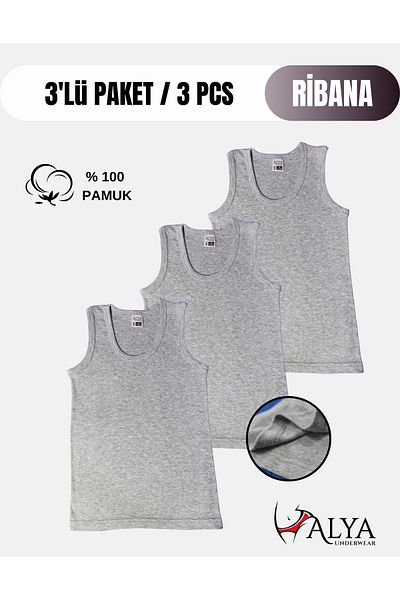 ALYA UNDERWEAR Boy's Cotton Ribbed Tank Top Oval Collar 3 Pack - 3 Pieces Gray Melange