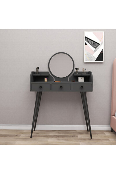 ARNETTİ Elegans Aynalı Makyaj Masası – Antrasit, Çekmeceli Ve Siyah Ahşap Ayaklı