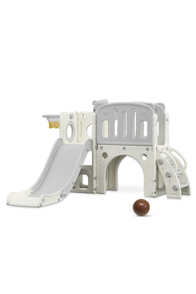 Little Story بيت لعب مع شريحة نشاط وحلقة كرة سلة وكرة وتخزين الألعاب - رمادي