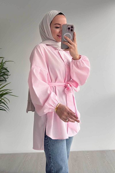 Ka Hijab Μπαλόνι μανίκι ριγέ πουκάμισο - Ροζ