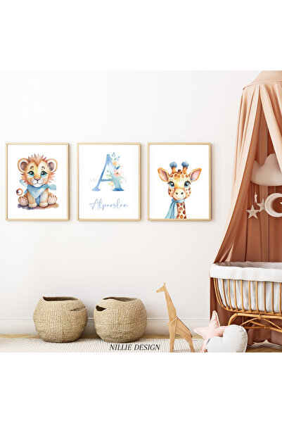 NILLIE DESIGN Mavi Safari Aslan, Zürafa, Isimli 3'lü Tablo Seti, Doğal Ahşap ...