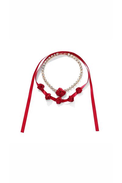 Âlâ Atelier Zaa Set of 2 Red Roses Lace up Necklace and Red Roses Rhinestone Choker Necklace