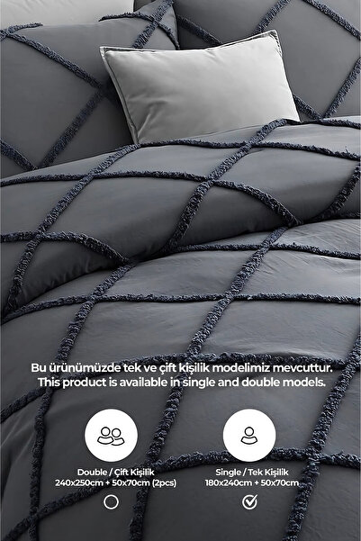 Evlen Home Collection Anthracite Color Cotton Aimar Bed Set - Single, Double-Sided, Boho Fiber Filling
