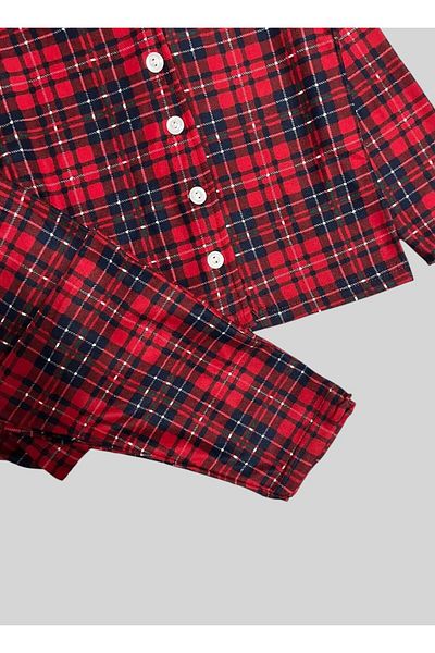 ALİŞ KİDS Boy's Cotton Suede Fabric Red Plaid Pattern Shirt Collar Button-Down Pajamas Set