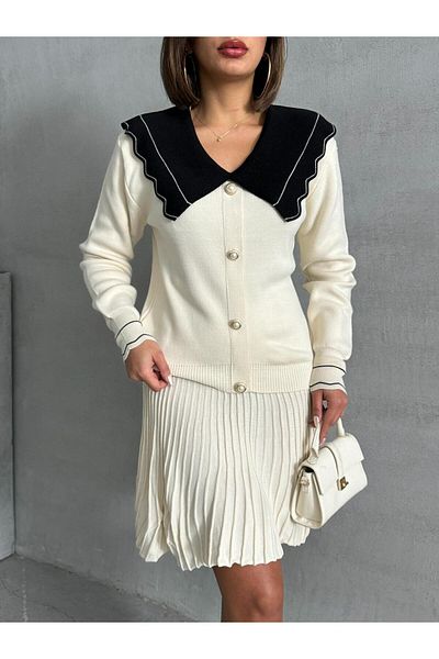 Lusin Women's Ecru Stylish Lapel Detailed Cardigan Blouse Skirt Bottom Top Double Set