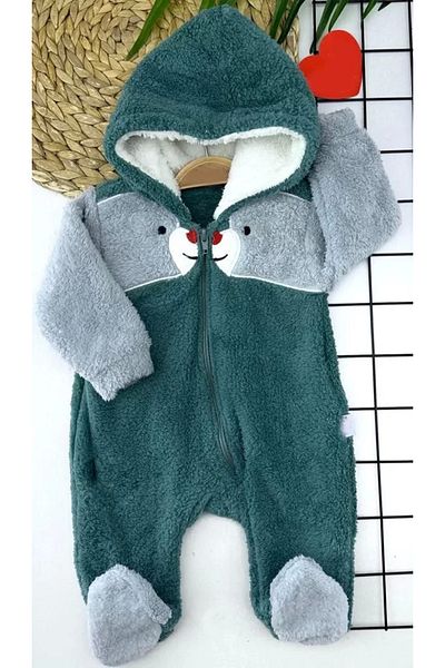 emosavm 6-18 Months Welsoft Furry Fabric - Zippered Hooded Baby Jumpsuit