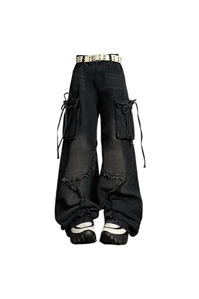 Köstebek Siyah Yıldız Yamalı Vintage Kargo Cepli Baggy Kot Pantolon