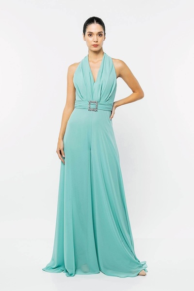 INVIDIA Boyundan Askılı Kemer Detaylı Şifon Tulum