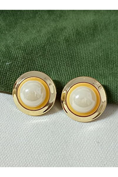 mos&more Gold Krem Incili Düğme Kadın Küpe, 2,5cm