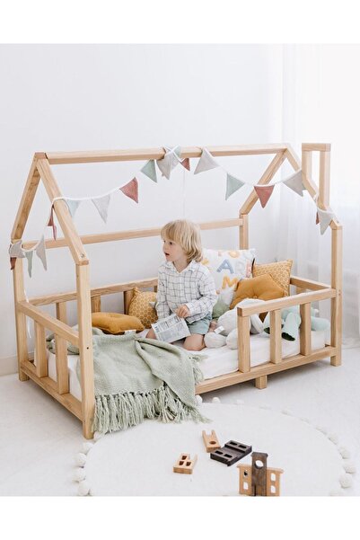 ESG GROUP Doğal Çocuk Ahşap Beşik Ranza Yer Yatağı Oyun Evi 140x70