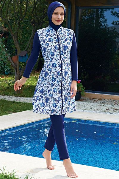 Ruko Maio 2421-2 Patterned Zippered Lycra Parachute Water Repellent and Quick Drying Fabric Hijab Swimsuit