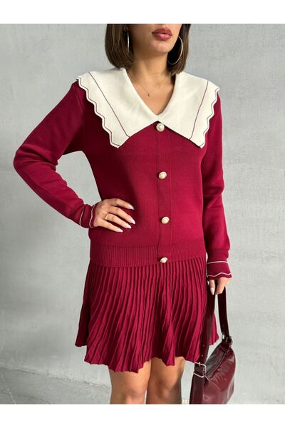 Lusin Női bordó elegáns hajtókás részlettel ellátott kardigán blúz szoknya alsó felső kétrészes szett