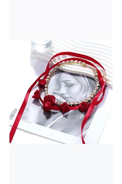 Âlâ Atelier Zaa Set of 2 Red Roses Lace up Necklace and Red Roses Rhinestone Choker Necklace