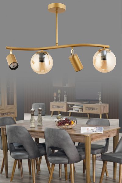 avimonaydınlatma Parla 4-Piece Honey Color Globe Cam and Spotluv Tumbled Color Chandelier - Living Room Dining Table Top Hall
