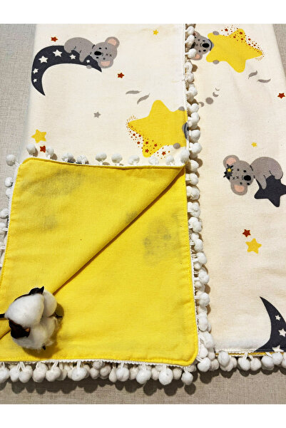 Zeren Home Ponponlu Çift Taraflı %100 Pamuklu Pazen Bebek Battaniyesi