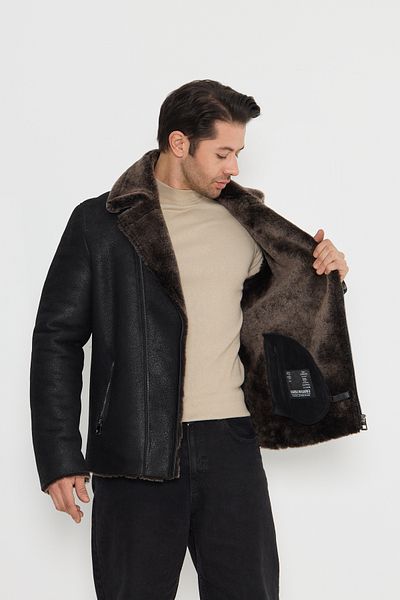 By Marki Marki Black Genuine Nubuck Men's Leather Coat - Furry Inner, Zip-Up and Foldable Sleeves - 502022