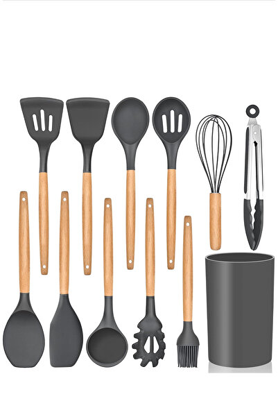 ABAREEK Silicone Kitchen Tool Set With Wooden Handle And Storage Bucket, Heat Resistant, Gray 12 Pcs