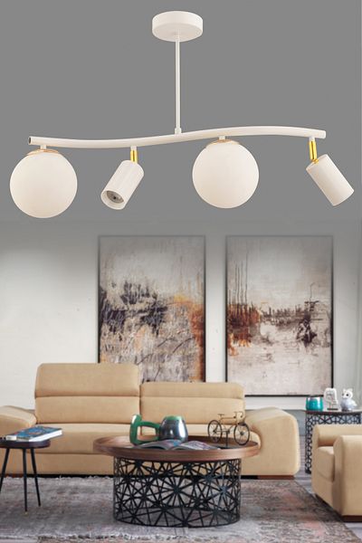 avimonaydınlatma Parla 4-Piece White Chandelier with Glass and Spotlights, Living Room Dining Table Top Hall Bedroom