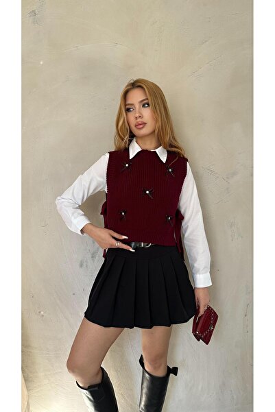 Angel Mia Tricotaj burgundy - Pulover cu detaliu de fundita