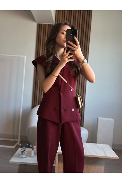 tugenatelier Claret Red Design V-Neck Vest Pants Suit