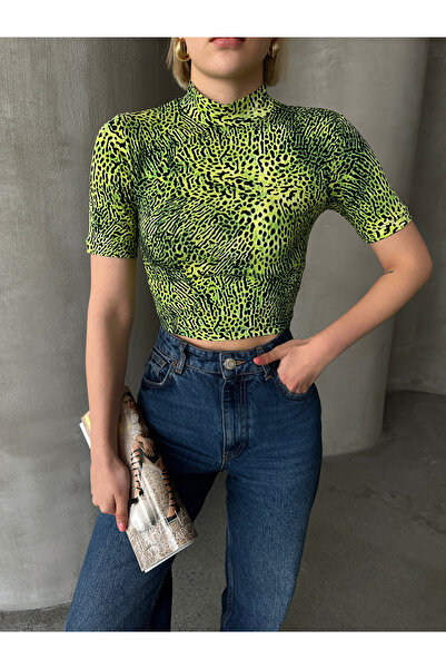Look Forward Ženska zelena leopard bluza Visoka kragna kratkih rukava Viskoza