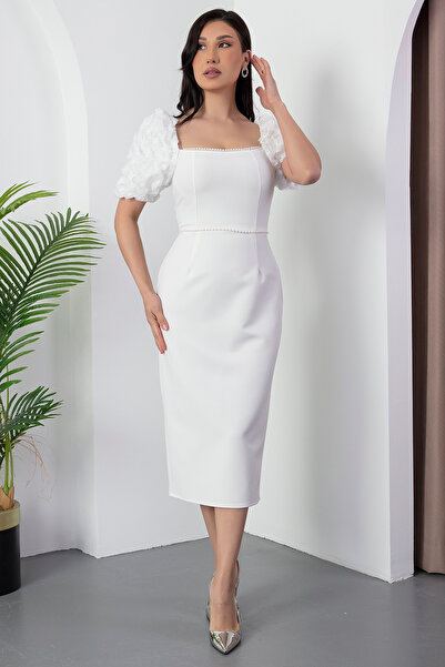 PULLIMM Kare Yaka İnci Detay Atlas Elbise 2051