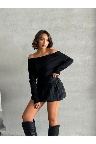 Look Forward Women's Black Interlock Fabric Off-Shoulder Long Sleeve Blouse