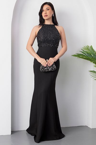 PULLIMM Upper Sequin Lower Atlas Fish Long Evening Dress 13015