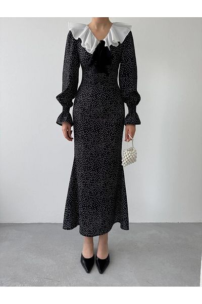 Julidress Βρεφικό φόρεμα Premium με γιακά πουά - μακρυμάνικο και μαργαριταρένια κουμπιά
