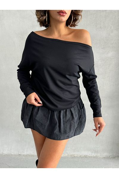Look Forward Women's Black Interlock Fabric Off-Shoulder Long Sleeve Blouse