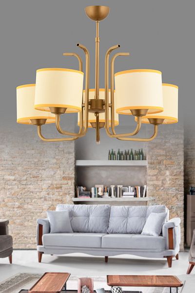 avimonaydınlatma Legolas 5-Piece Cream Colored - Antique Pendant Lamp Chandelier with Yellow Fabric Hat Living Room and Bedroom